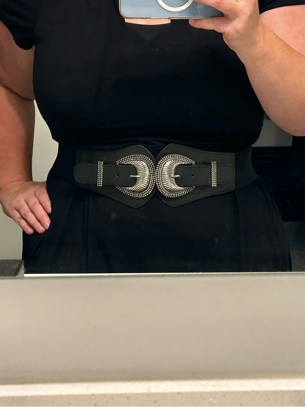 Torrid Black Stretch Waist Belt Silver Double Crescent Buckle Size 1/2